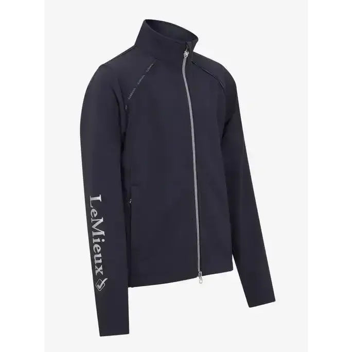 Black lemieux young rider elite soft shell jacket with silver zipper and white branding on sleeve navy color