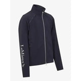 Black lemieux young rider elite soft shell jacket with silver zipper and white branding on sleeve navy color