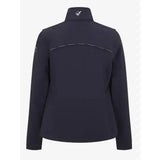 Dark navy blue lemieux young rider elite soft shell jacket with high neck white branding on shoulders and logo at collar