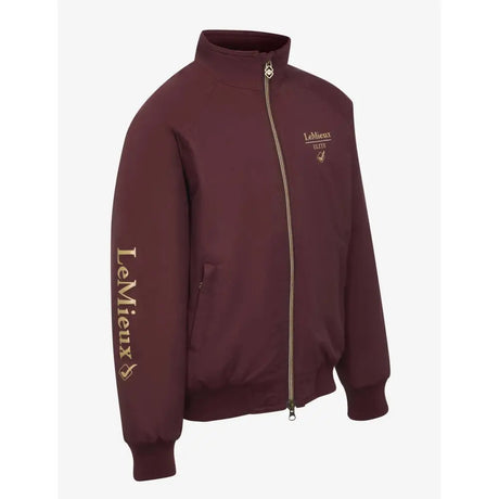 Maroon lemieux young rider elite zip-up jacket with gold lettering and logo perfect for rider elite team use