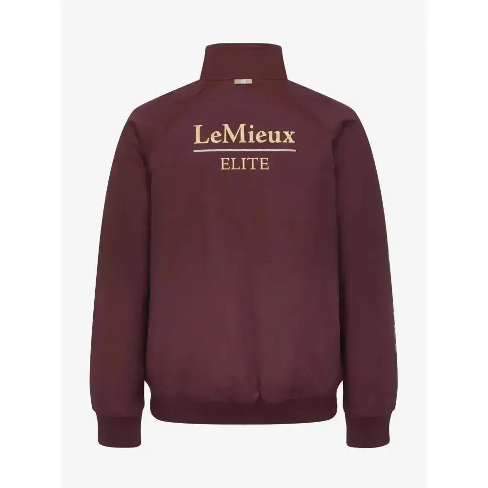 Back of maroon lemieux young rider elite zip-up jacket with gold embroidered rider elite team branding