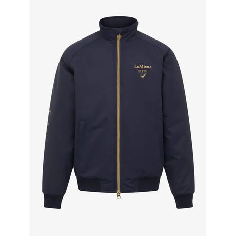 Navy blue lemieux young rider elite zip-up jacket with gold zipper and embroidered logo for the rider elite team