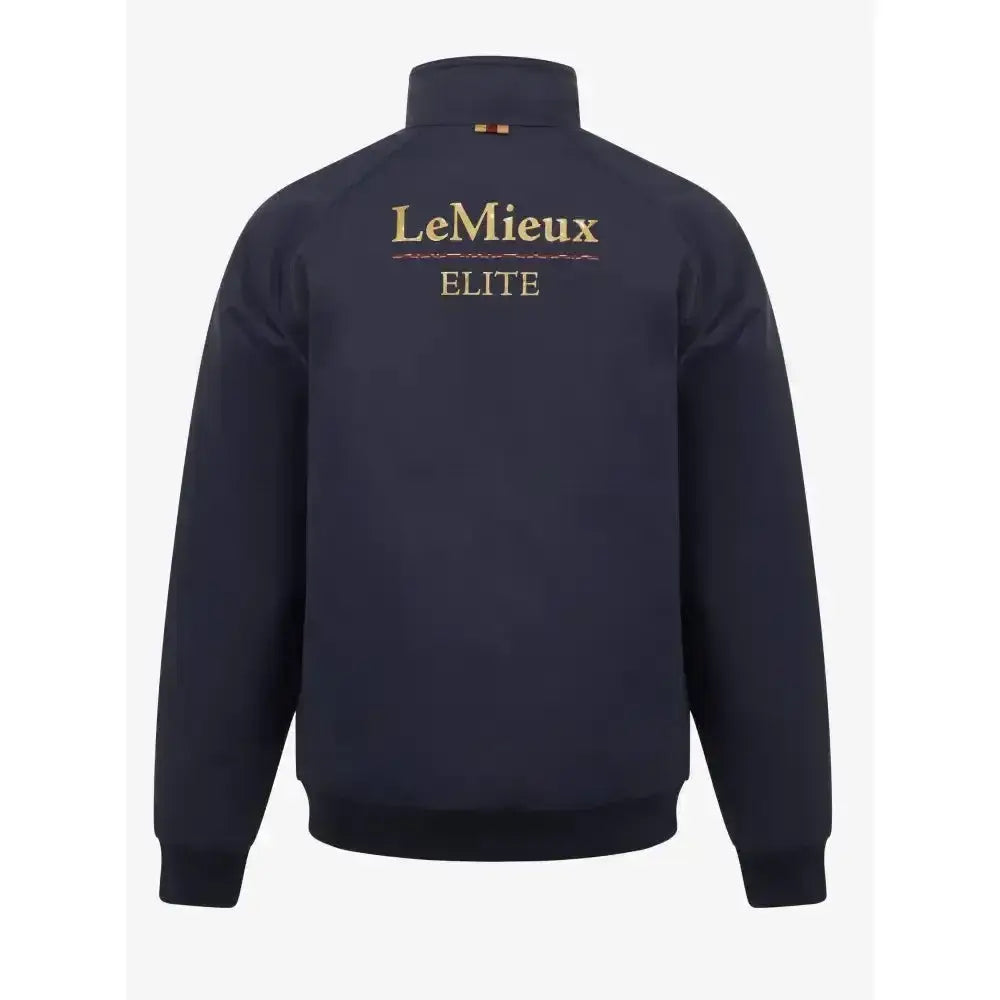 Back of navy lemieux young rider elite team jacket with gold embroidered branding and zip-up front