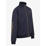 Dark navy blue lemieux young rider elite team jacket with gold zipper and matching embroidered branding