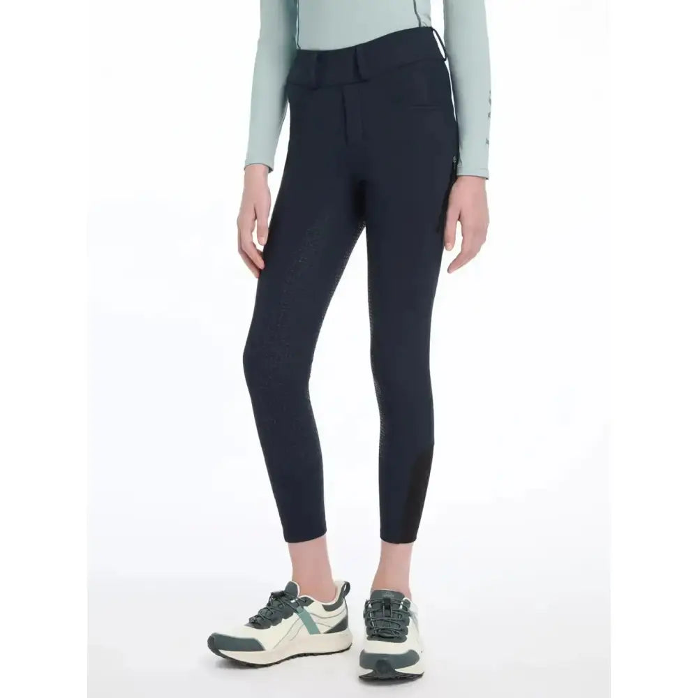 Black lemieux young rider ella winter breggings with high waist sleek fit and subtle side stripes in navy