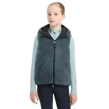 Dark gray fleece lined hooded vest with front zipper and pockets from lemieux young rider eloise reversible winter gilet navy