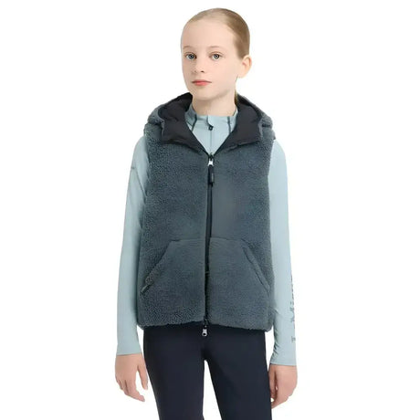 Dark gray fleece lined hooded vest with front zipper and pockets from lemieux young rider eloise reversible winter gilet navy