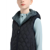 Quilted Navy Vest with Gray Fuzzy Collar over Light Blue Shirt - Lemieux Young Rider Eloise