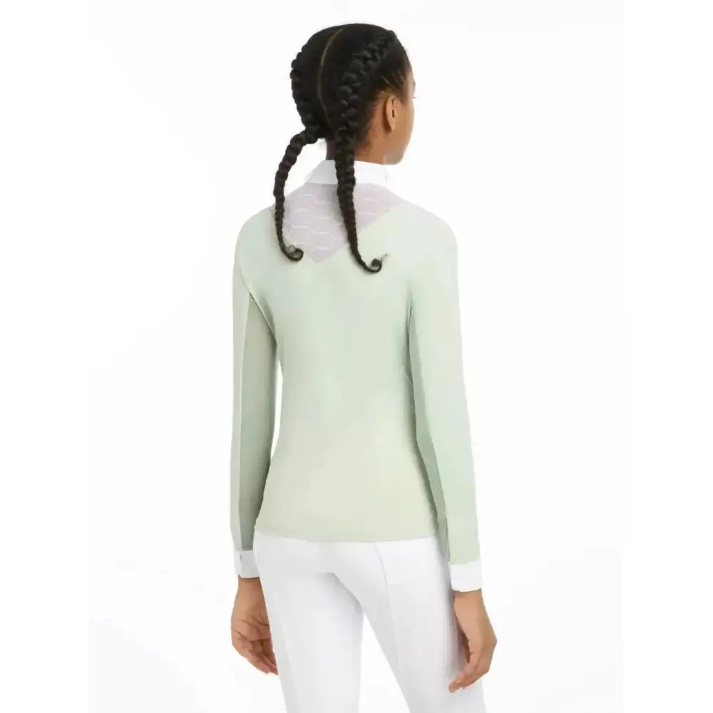 Mint green lemieux young rider eva long sleeve shirt pistachio with white collar and cuffs for riding use