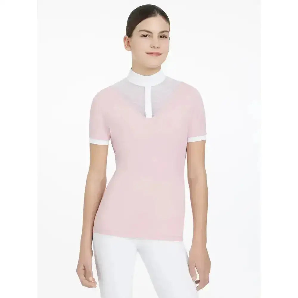 A soft pink lemieux young rider eva short sleeve show shirt with white collar and sleeve cuffs for young riders
