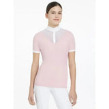 A soft pink lemieux young rider eva short sleeve show shirt with white collar and sleeve cuffs for young riders