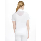 Back view of lemieux young rider eva short sleeve polo shirt in white with sheer mesh panel at the neckline