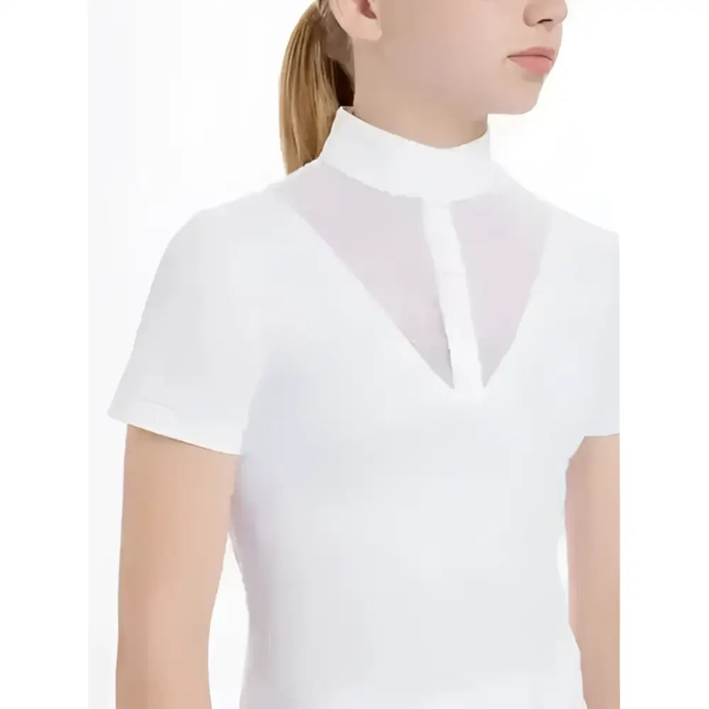 White lemieux young rider eva short sleeve polo shirt with high collar and sheer mesh front panel for riding