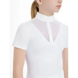 White lemieux young rider eva short sleeve polo shirt with high collar and sheer mesh front panel for riding