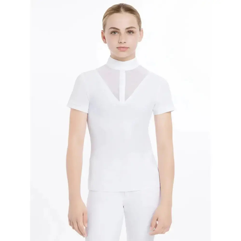White short-sleeved lemieux young rider eva short sleeve show shirt with high collar and sheer mesh panel front