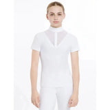 White short-sleeved lemieux young rider eva short sleeve show shirt with high collar and sheer mesh panel front