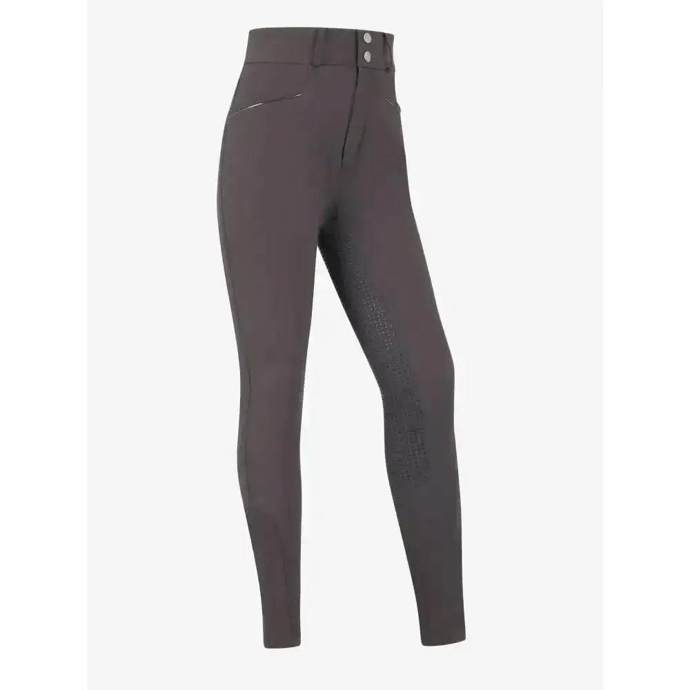 Dark gray lemieux young rider freya pro breech with high waist button closure and textured thigh panels