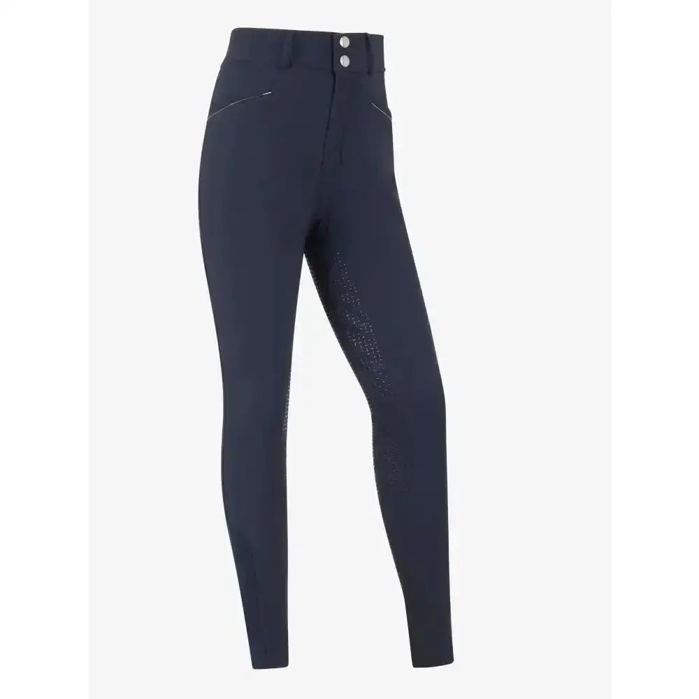 Navy blue lemieux young rider freya pro breech with high waist button closure and textured outer thigh detailing