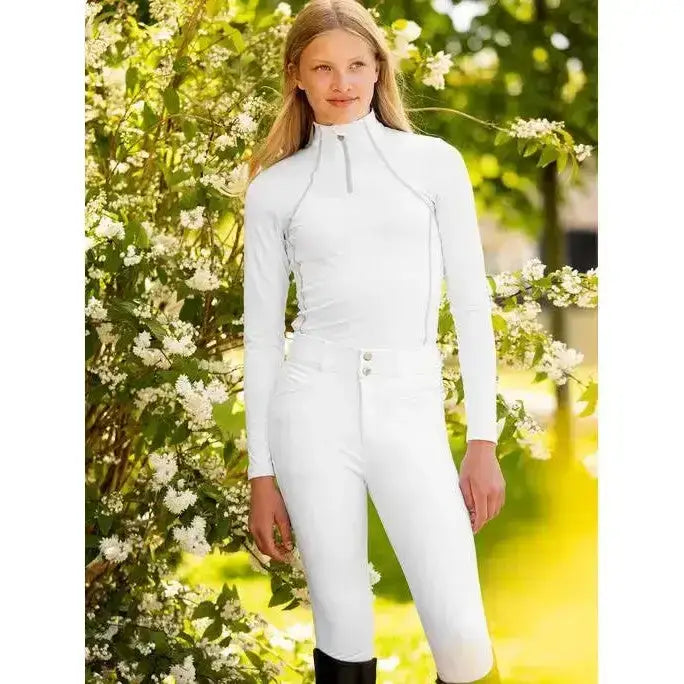 White lemieux young rider freya pro breeches with long sleeves and fitted pants perfect for riders