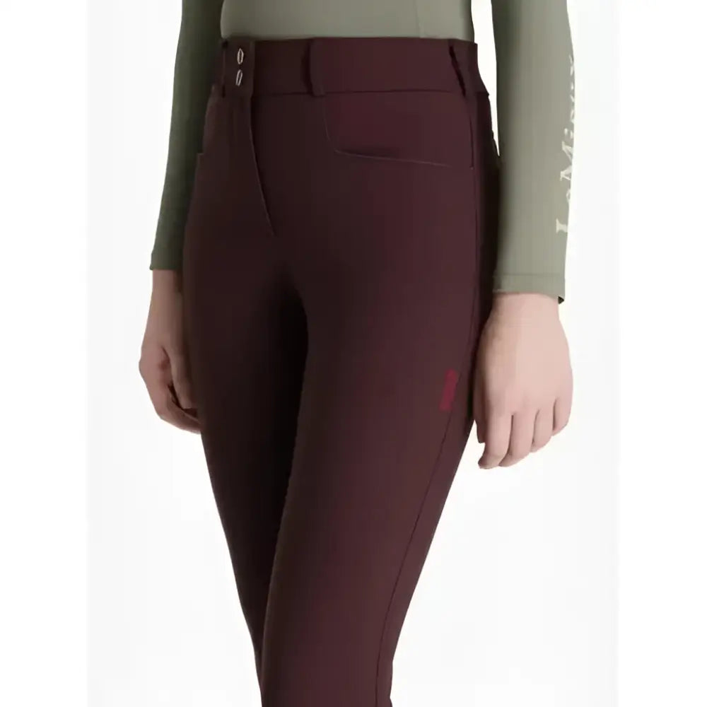 Maroon lemieux young rider seat izzy breeches damson with high waist button closure and subtle side seam detailing