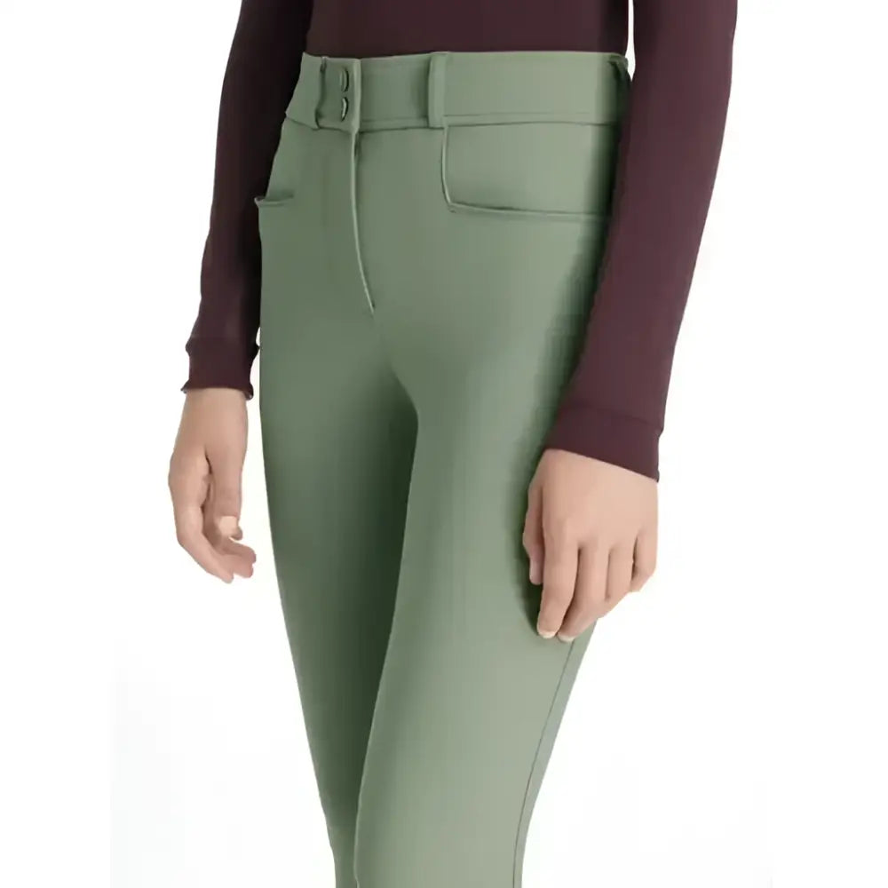 Olive green lemieux young rider full seat izzy breeches rosemary with fitted silhouette and high waistband buttons