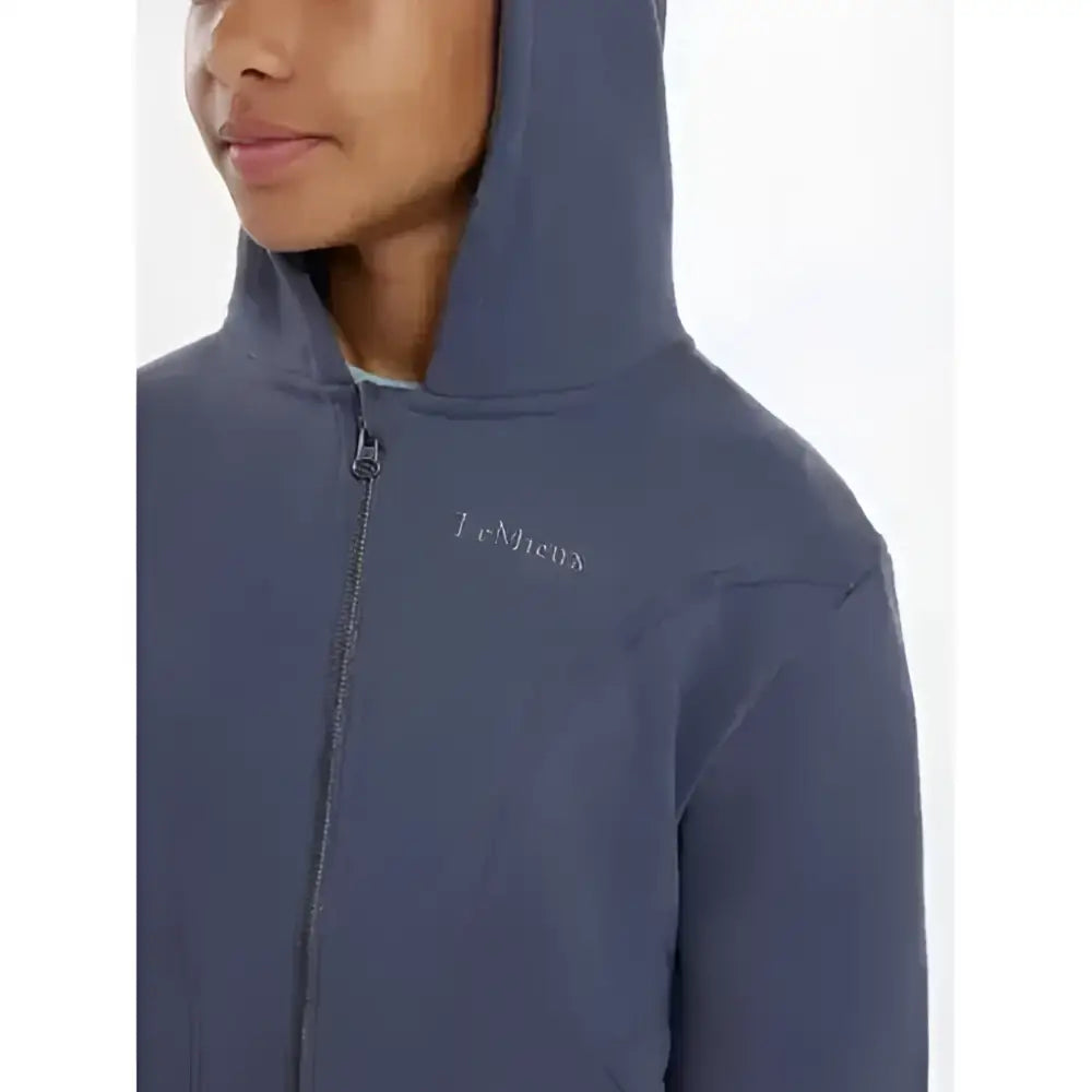 Dark gray lemieux young rider hadley hoodie dusk blue with subtle embroidered logo on the chest