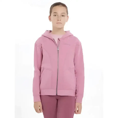 Pink lemieux young rider hadley hoodie peony with subtle chest logo and two front pockets perfect for young riders