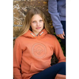 Orange lemieux young rider hannah pop hoodie with circular embroidered logo and white drawstrings apricot color