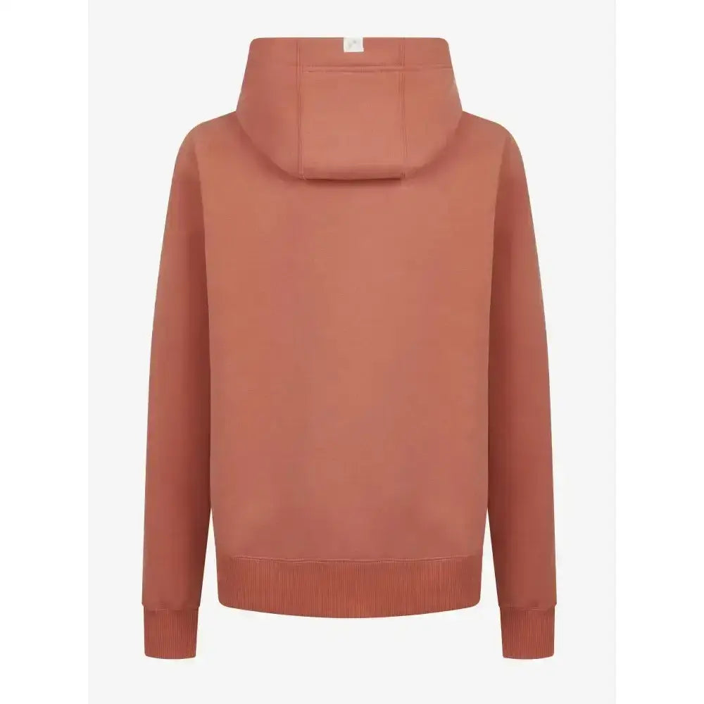 Back view of rust-colored lemieux young rider hannah pop over apricot hoodie with ribbed hem cuffs and small pocket
