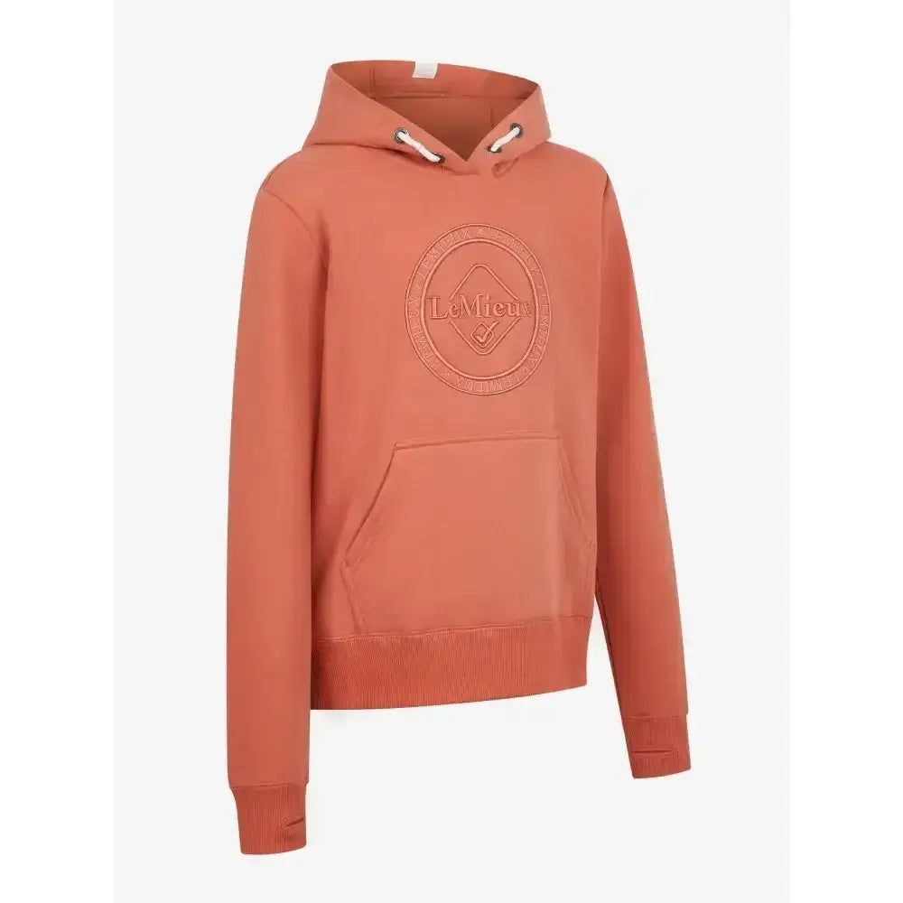 A soft terracotta lemieux young rider hannah pop over apricot hoodie with subtle chest embroidery and matching drawstrings