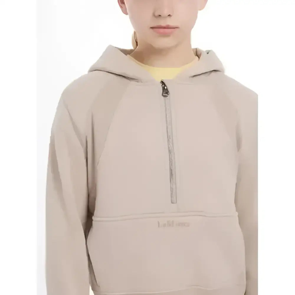 Beige lemieux young rider harriet pop almond zip-front hoodie with subtle embroidered logo on front lower side
