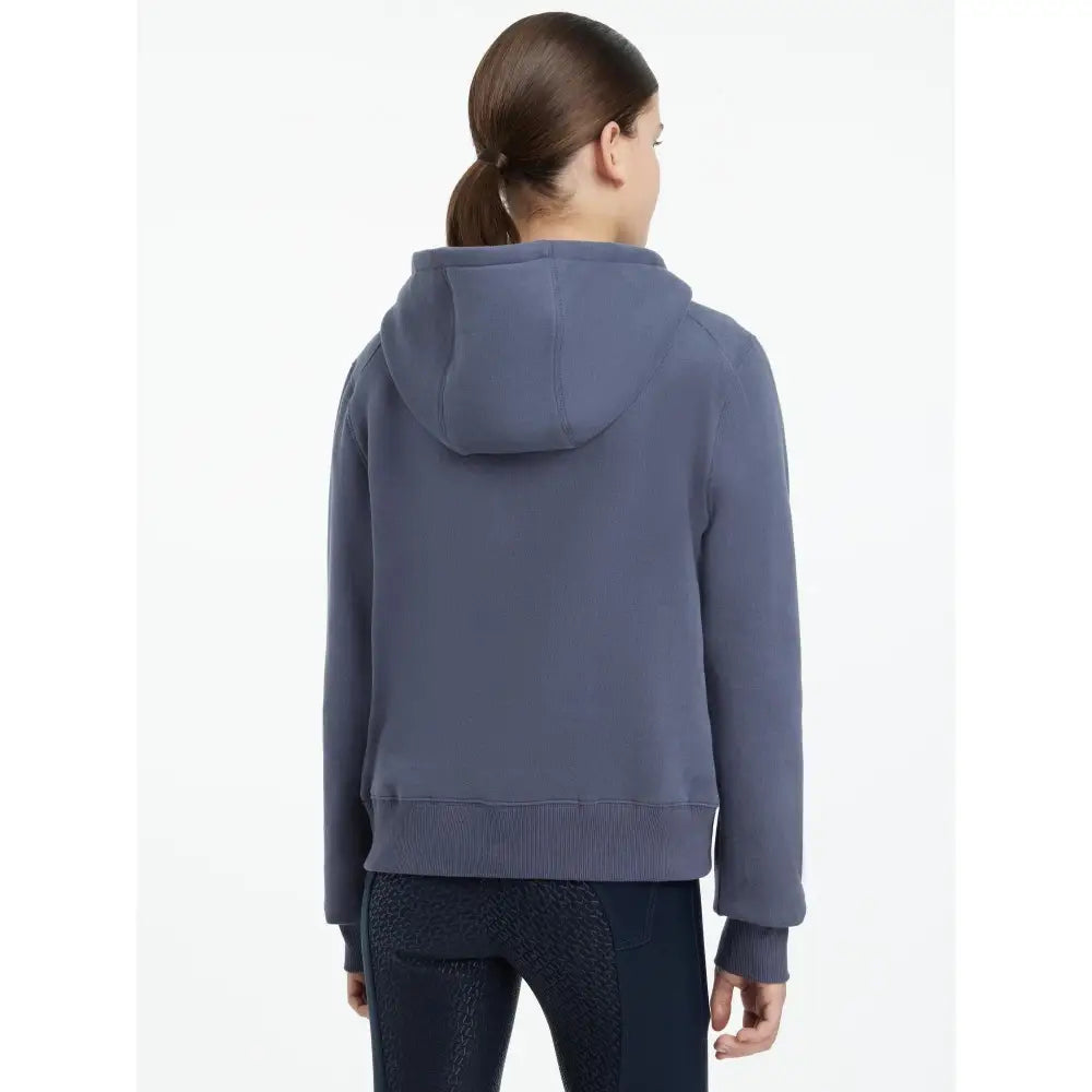 A soft slate-blue hooded sweatshirt with ribbed cuffs and hem from lemieux young rider harriet pop collection