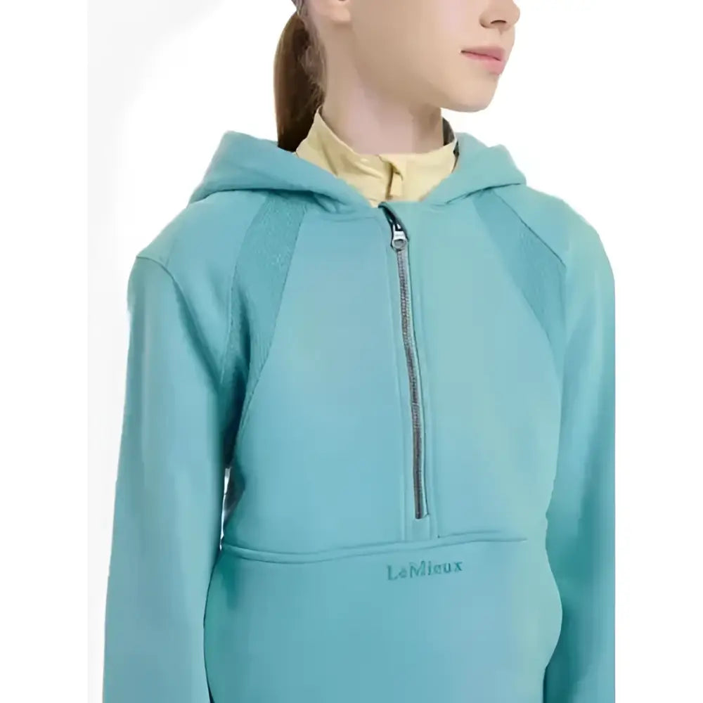 Teal lemieux young rider harriet pop hoodie with zip front and textured panel design embroidered with lemieux logo