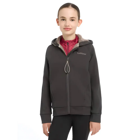 Dark gray Young Rider Hollie Lined Hoodie worn over a vibrant red top