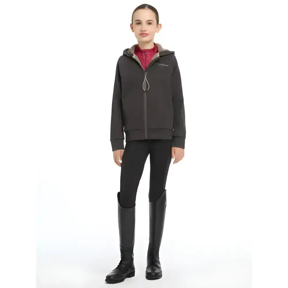 Dark gray lemieux young rider hollie lined hoodie with maroon inner lining and subtle chest embroidery
