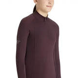 A maroon lemieux young rider hope lightweight base layer with a high collar zipper and subtle logo on the left sleeve
