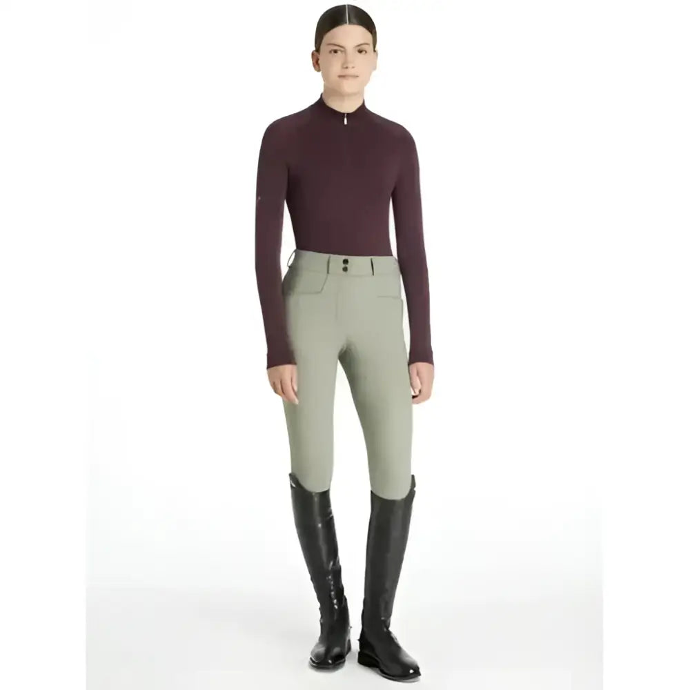 Maroon lemieux young rider hope lightweight base long sleeve top with high collar and front zipper detail