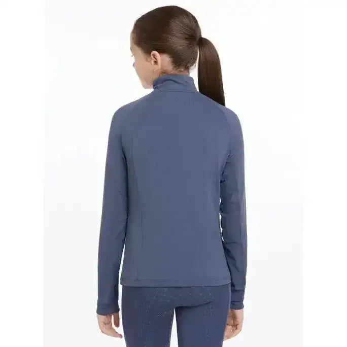 A navy blue lemieux young rider lightweight base layer jacket with long sleeves and a high collar for layering