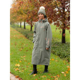Olive green lemieux young rider hydroshield robe rosemary with pink zipper pulls and breathable waterproof fabric