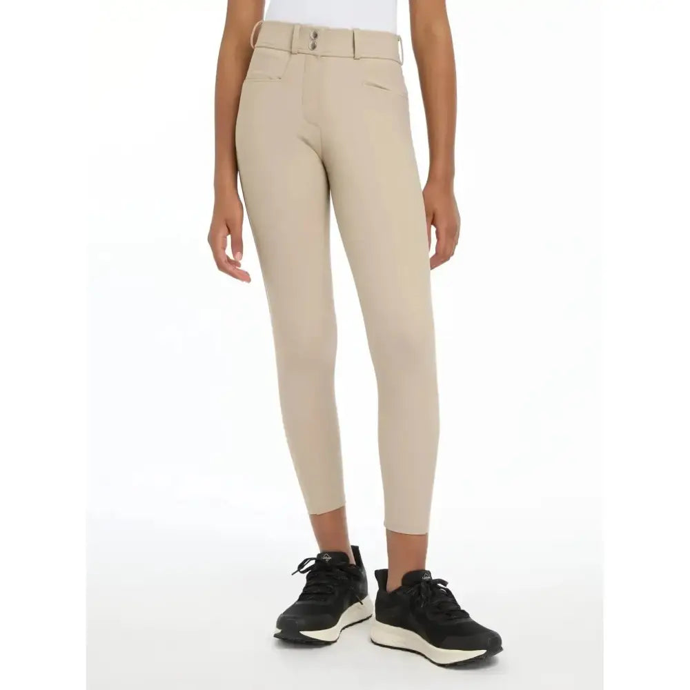 Beige lemieux young rider izzy full seat breeches almond with fitted high waist and belt loop detail