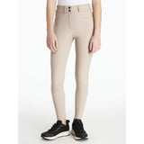 Beige lemieux young rider izzy knee grip breeches almond with fitted silhouette high waistband and black button details