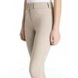 Beige lemieux young rider izzy knee grip breeches almond with matching belt and rectangular buckle for riding