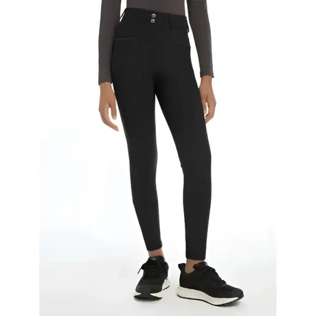Black lemieux young rider izzy knee grip breeches with high waist silver buttons and sleek form fitting design