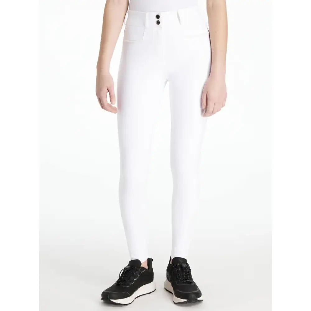 White high-waisted lemieux young rider izzy knee grip breeches with black buttons front grip breeches white