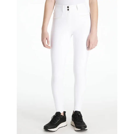 White lemieux young rider izzy knee grip breeches with high waist and black front buttons for riding comfort