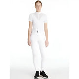 White lemieux young rider izzy knee grip breeches with short sleeve high collar top featuring mesh panel
