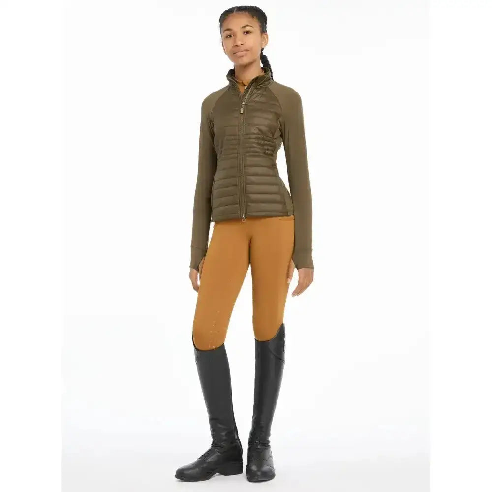 Olive green quilted lemieux young rider josephine jacket alpine with zip-up front for cool weather rides