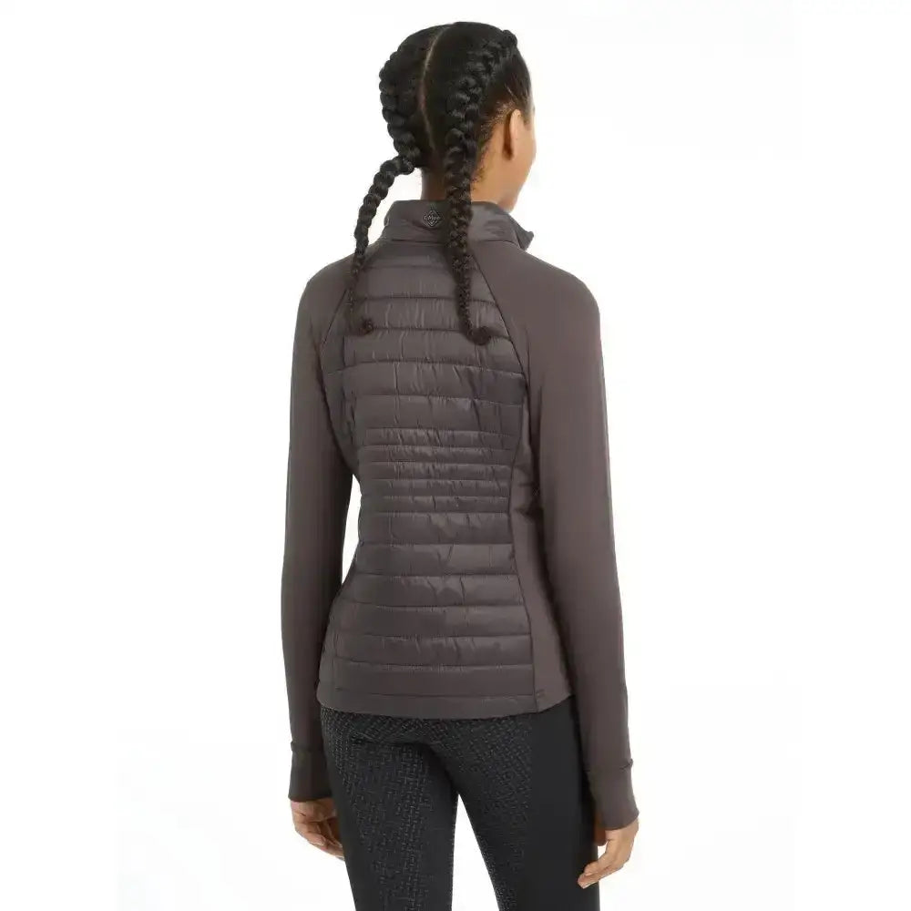 Dark gray quilted puffer jacket with high collar and long sleeves lemieux young rider josephine jacket cinder