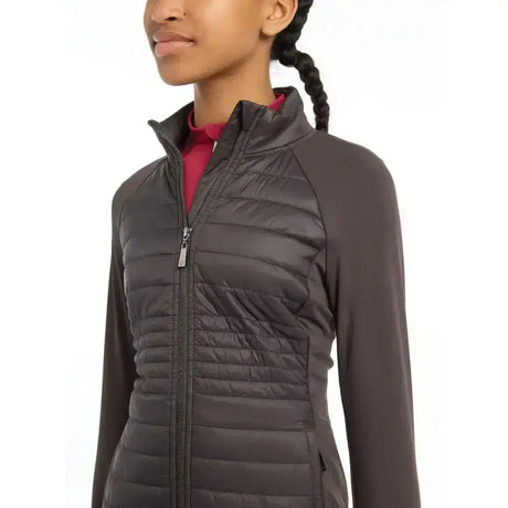 Dark gray quilted lemieux young rider josephine jacket with full zipper and long sleeves for young riders