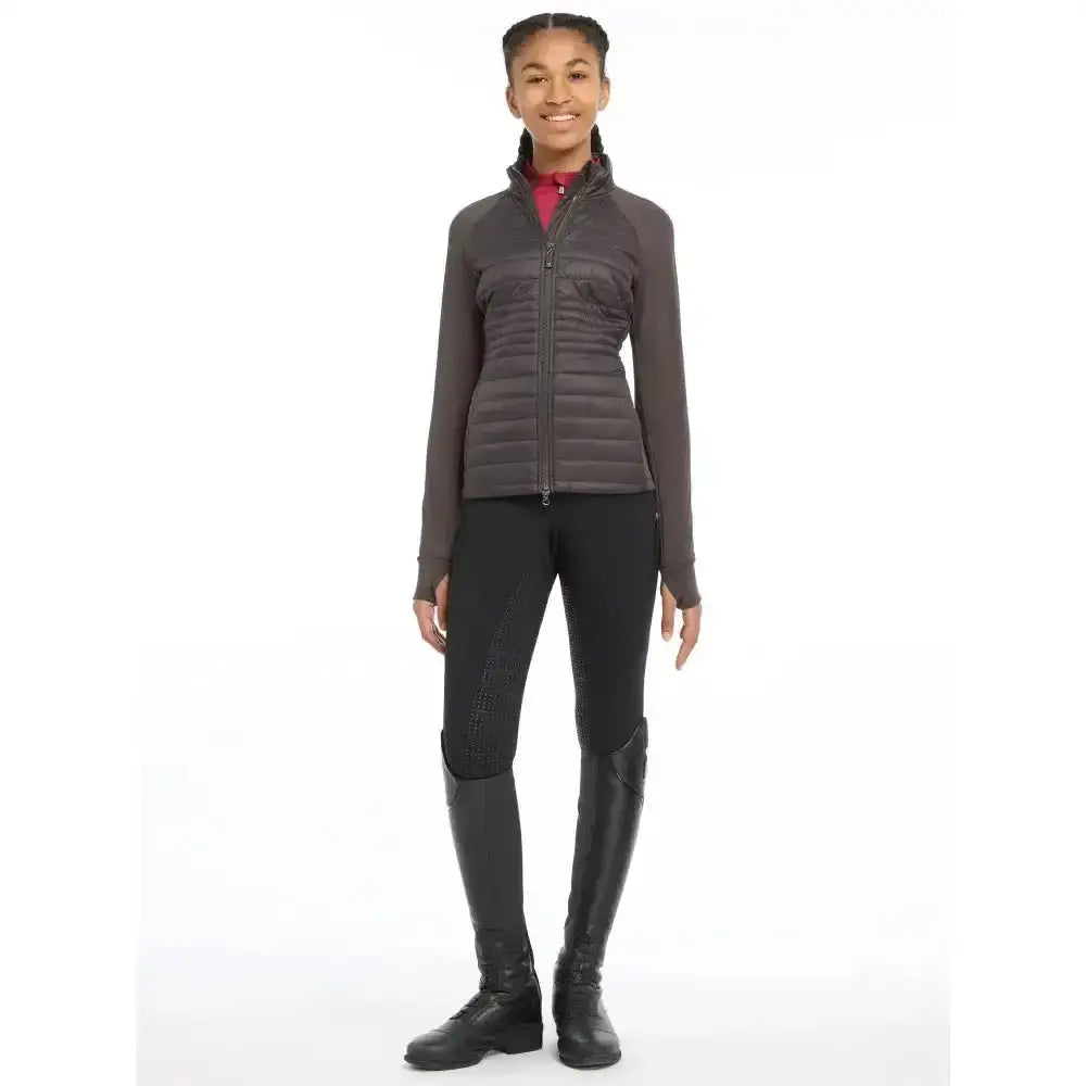 Dark gray quilted lemieux young rider josephine jacket with high collar and long sleeves for young riders